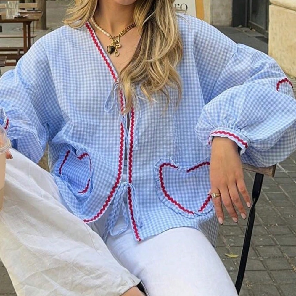 Med. Light Blue Med Gingham Long Sleeve Tie-Front Top with Red Heart Trim - Picture 5 of 6